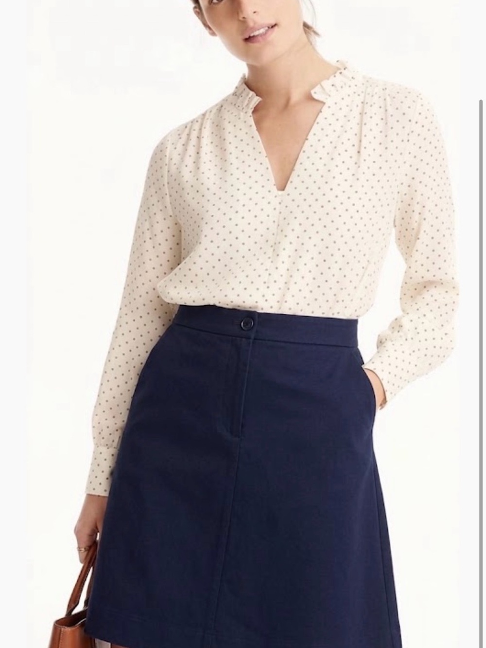 J.Crew 100% Silk Polka Dot Ruffle Collar Blouse Button Front Cream Black Size L